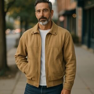 Duke Haband Tan Suede Bomber Chore Warm Jacket Relaxed Fit Ribbed Cuffs Sz XL
